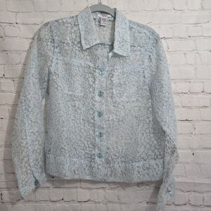 Erin London Sheer Floral Blouse Blue Long Sleeve Whimsical Romantic Ethereal Top